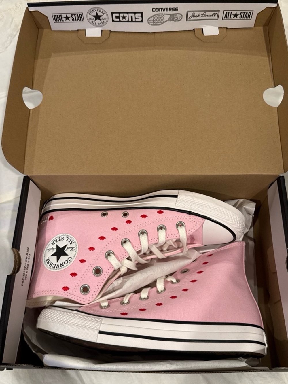 Converse Pink High Top Sneakers with Red Heart Accents